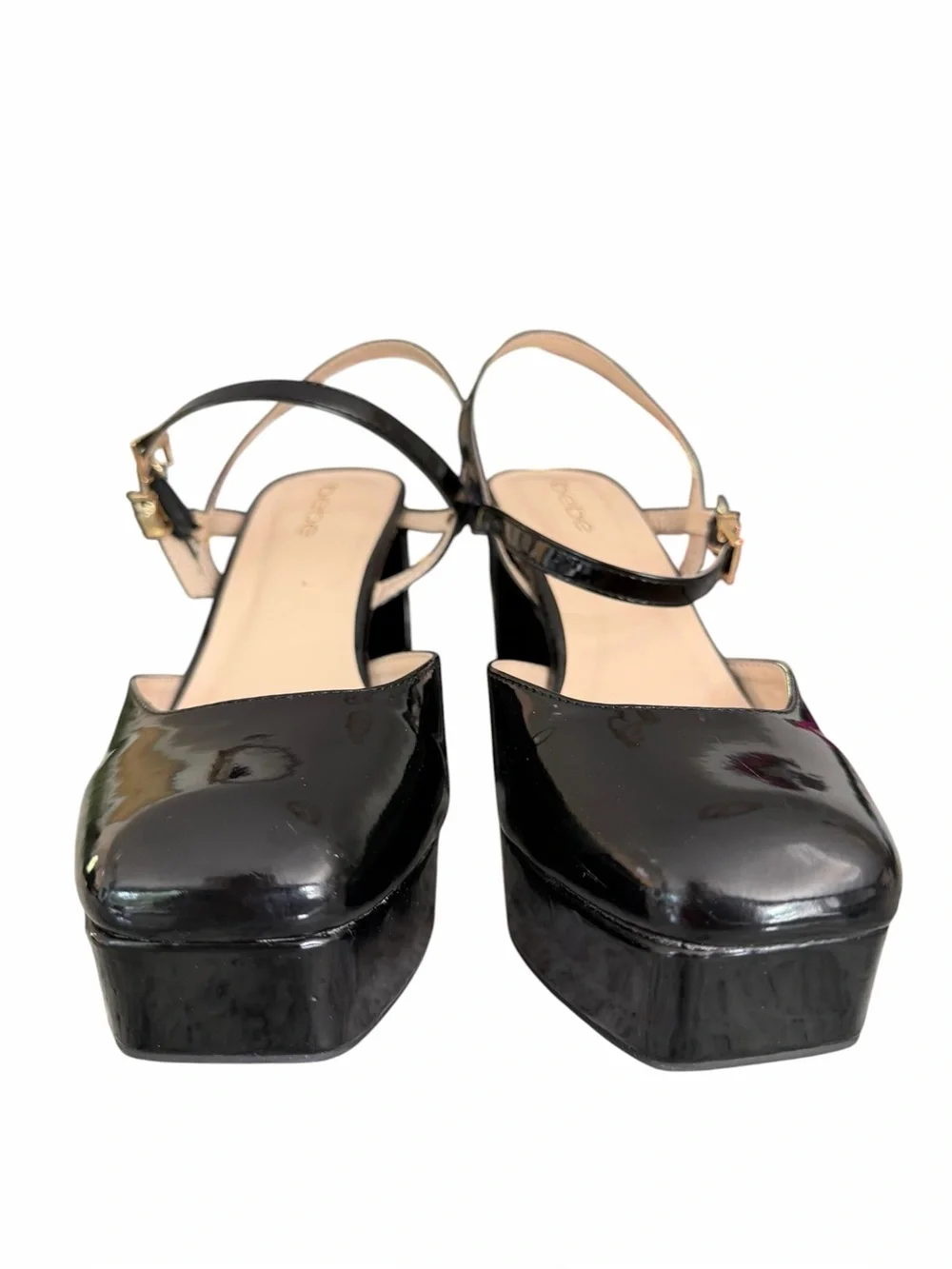 Bebe Janysa Black Patent Faux Square Toe Platform Block Heel Ankle Strap Size 9